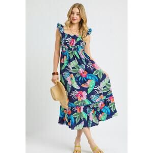Umgee NWT Navy Tropical Floral Smocked Midi Dress Ruffle Boho S